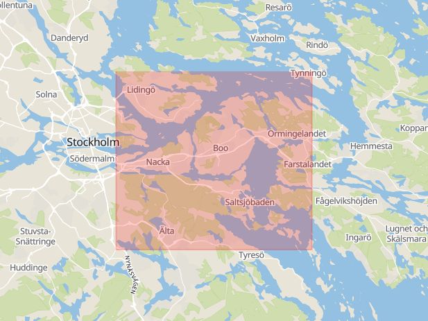 Karta som med röd fyrkant ramar in Nacka, Stockholm, Stockholms län
