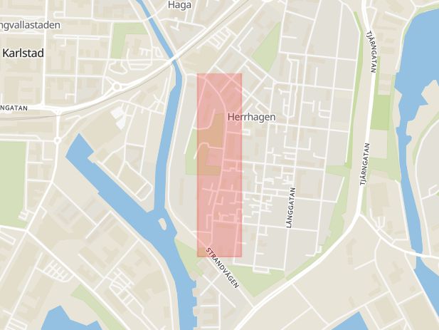 Karta som med röd fyrkant ramar in Karlagatan, Herrhagen, Karlstad, Värmlands län