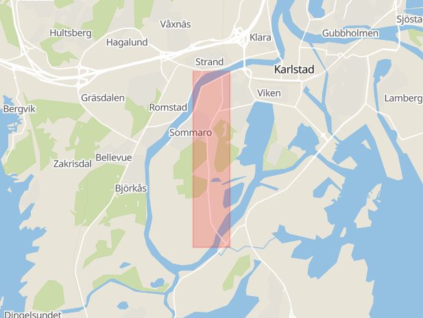 Karta som med röd fyrkant ramar in Rosenborgsgatan, Karlstad, Värmlands län