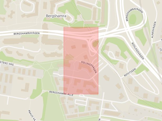 Karta som med röd fyrkant ramar in Odlingsvägen, Bergshamra, Solna, Stockholms län