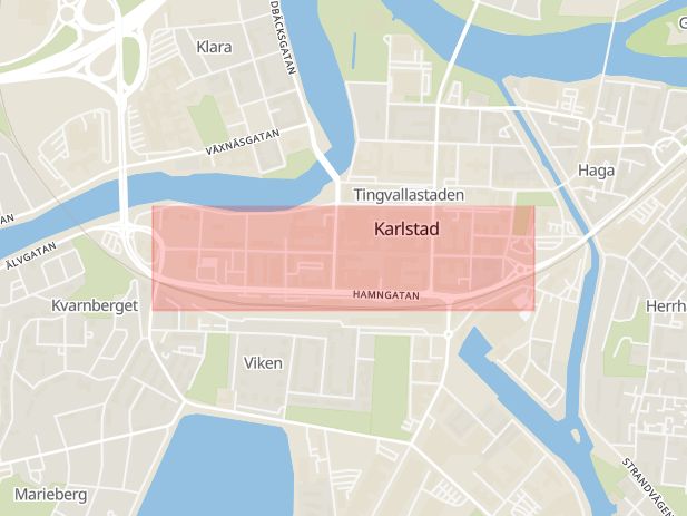 Karta som med röd fyrkant ramar in Drottninggatan, Tingvallastaden, Karlstad, Värmlands län