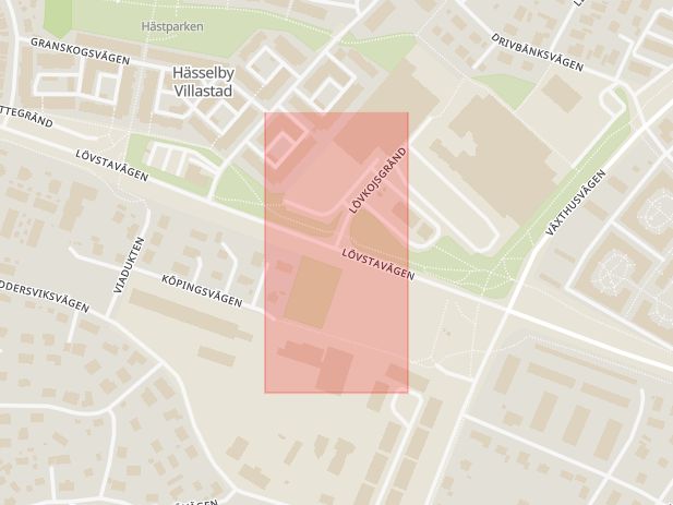 Karta som med röd fyrkant ramar in Hässelby Villastad, Lövstavägen, Lövkojsgränd, Stockholm, Stockholms län