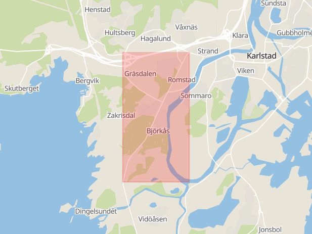 Karta som med röd fyrkant ramar in Skoghallsvägen, Karlstad, Värmlands län