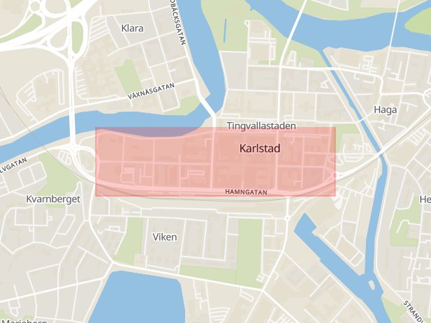 Karta som med röd fyrkant ramar in Tingvallastaden, Drottninggatan, Karlstad, Värmlands län