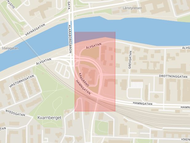 Karta som med röd fyrkant ramar in Drottninggatan, Tingvallastaden, Sommarro, Kulturskolan, Karlstad, Värmlands län