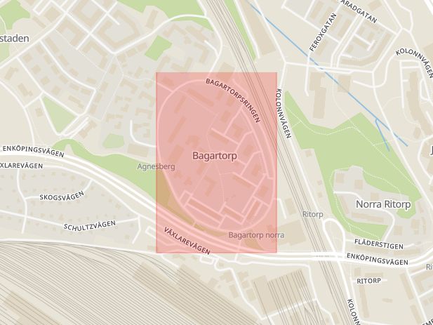 Karta som med röd fyrkant ramar in Bagartorp, Solna, Stockholms län