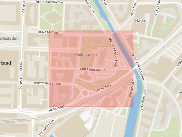 Karta som med röd fyrkant ramar in Karlbergsgatan, Karlstad, Värmlands län