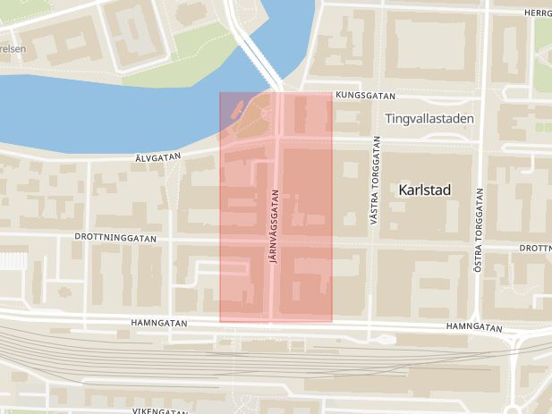 Karta som med röd fyrkant ramar in Järnvägsgatan, Karlstad, Värmlands län