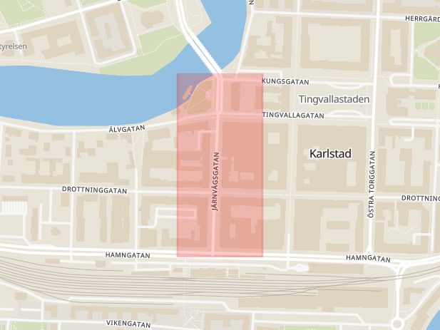 Karta som med röd fyrkant ramar in Järnvägsgatan, Tingvallastaden, Karlstad, Värmlands län