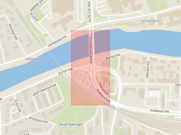 Karta som med röd fyrkant ramar in Klaraborgsgatan, Hamngatan, Karlstad, Värmlands län