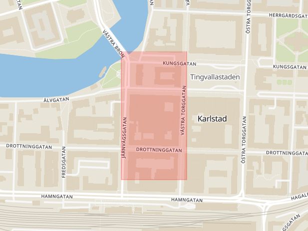 Karta som med röd fyrkant ramar in Mitt I City, Östra Kanalgatan, Karlstad, Värmlands län