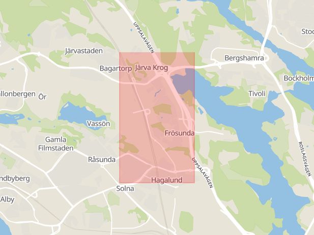 Karta som med röd fyrkant ramar in Kolonnvägen, Ulriksdal, Solna, Stockholms län