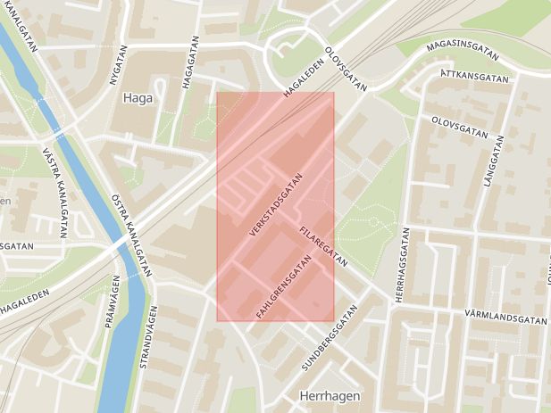 Karta som med röd fyrkant ramar in Filaregatan, Verkstadsgatan, Herrhagen, Karlstad, Värmlands län