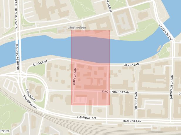 Karta som med röd fyrkant ramar in Drottninggatan, Älvgatan, Karlstad, Värmlands län