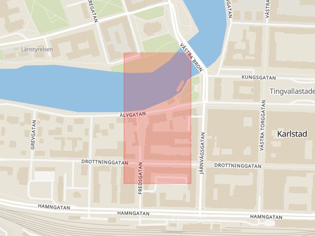 Karta som med röd fyrkant ramar in Järnvägsgatan, Älvgatan, Karlstad, Värmlands län