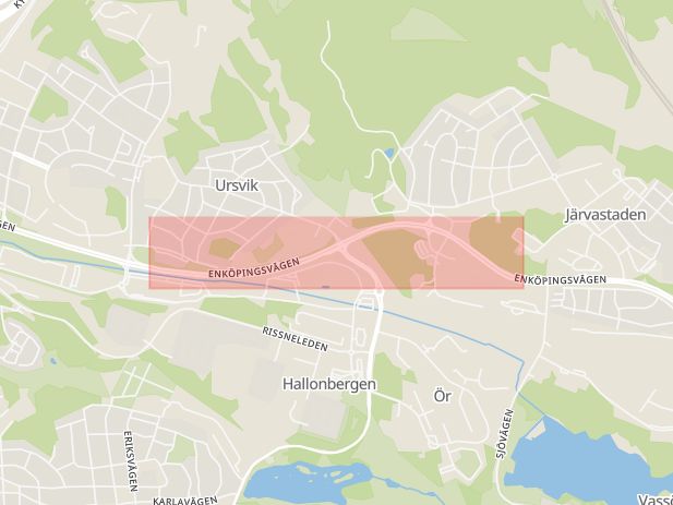 Karta som med röd fyrkant ramar in Hallonbergen, Enköpingsvägen, Madenvägen, Sundbyberg, Stockholms län