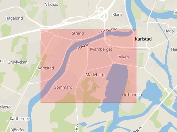 Karta som med röd fyrkant ramar in Älvgatan, Tingvallastaden, Karlstad, Värmlands län