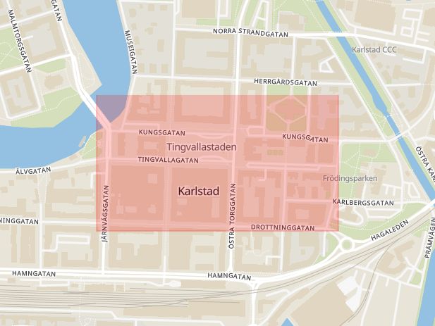 Karta som med röd fyrkant ramar in Tingvallagatan, Karlstad, Värmlands län