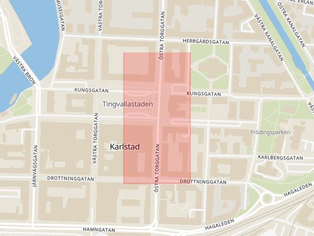 Karta som med röd fyrkant ramar in Tingvallagatan, Östra Torggatan, Karlstad, Värmlands län