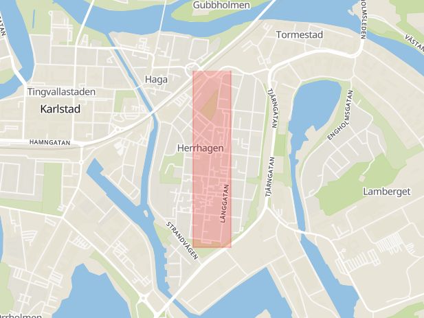 Karta som med röd fyrkant ramar in Herrhagsgatan, Karlstad, Värmlands län