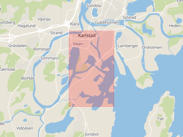 Karta som med röd fyrkant ramar in Hammaröleden, Orrholmen, Karlstad, Värmlands län