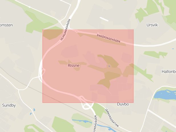 Karta som med röd fyrkant ramar in Rissne, Ursvik, Sundbyberg, Stockholms län