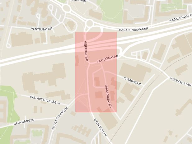 Karta som med röd fyrkant ramar in Västra Infarten, Traktorgatan, Karlstad, Värmlands län