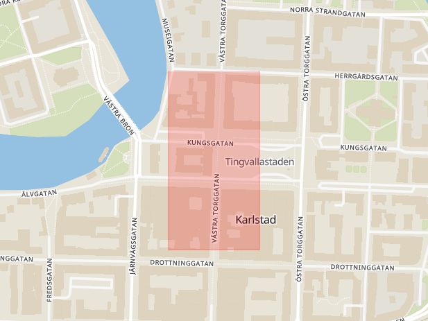 Karta som med röd fyrkant ramar in Värmlands Tingsrätt, Karlstad, Värmlands län