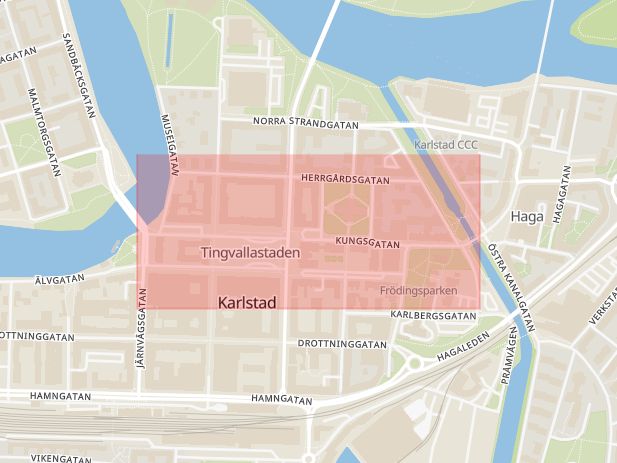 Karta som med röd fyrkant ramar in Kungsgatan, Karlstad, Värmlands län