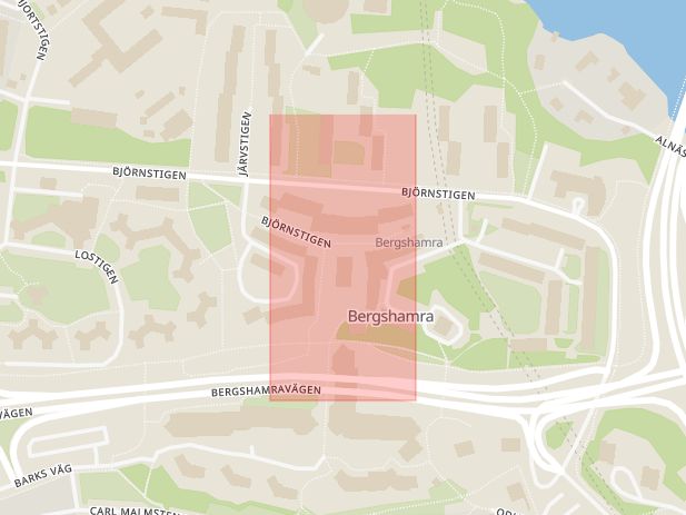 Karta som med röd fyrkant ramar in Bergshamra, Bibliotek, Solna, Stockholms län