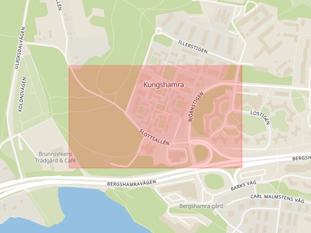 Karta som med röd fyrkant ramar in Kungshamravägen, Bergshamra, Solna, Stockholms län