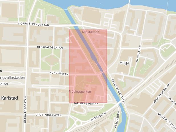 Karta som med röd fyrkant ramar in Västra Kanalgatan, Karlstad, Värmlands län