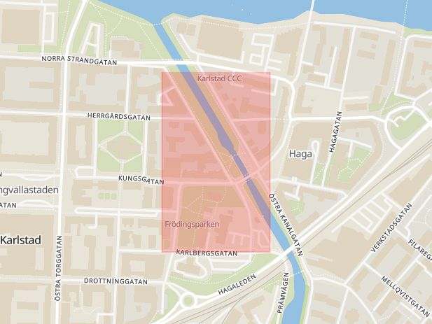 Karta som med röd fyrkant ramar in Kanalgatan, Ungen, Karlstad, Värmlands län