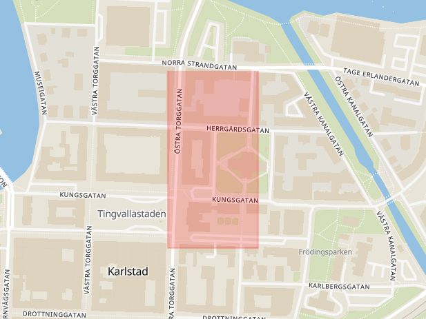Karta som med röd fyrkant ramar in Västra Kyrkogatan, Karlstad, Värmlands län