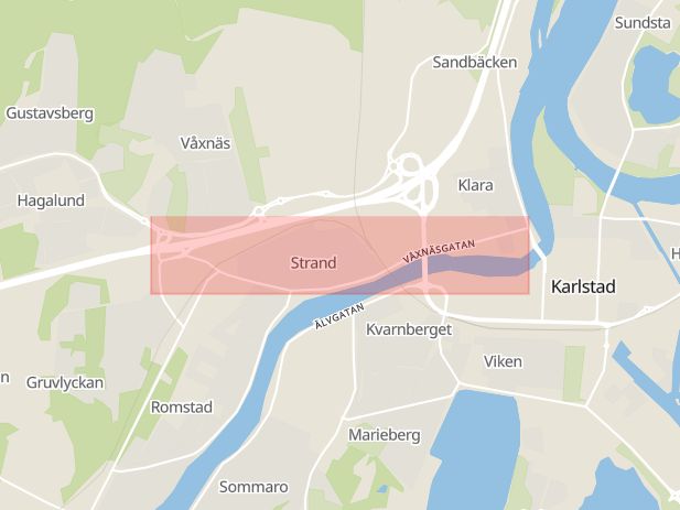 Karta som med röd fyrkant ramar in Våxnäsgatan, Karlstad, Värmlands län