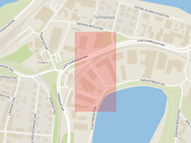 Karta som med röd fyrkant ramar in Industrigatan, Tormestad, Karlstad, Värmlands län