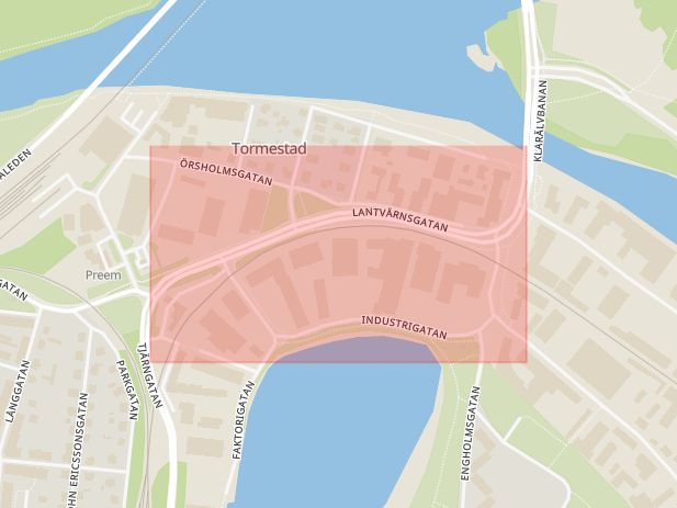 Karta som med röd fyrkant ramar in Lamberget, Sågverksgatan, Lantvärnsgatan, Karlstad, Värmlands län