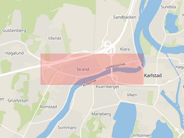 Karta som med röd fyrkant ramar in Våxnäsgatan, Karlstad, Värmlands län