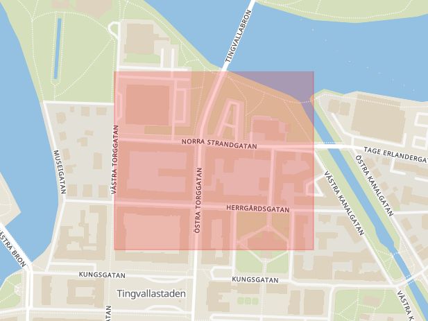 Karta som med röd fyrkant ramar in Norra Strandgatan, Karlstad, Värmlands län