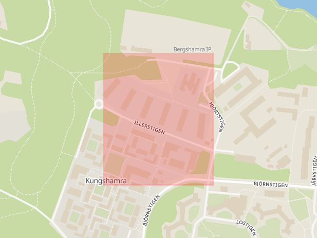 Karta som med röd fyrkant ramar in Bergshamra, Illerstigen, Solna, Stockholms län