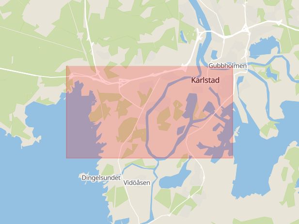 Karta som med röd fyrkant ramar in Karlstad, Gruvlyckan, Sunne, Torsby, Forshaga, Edet, Värmlands län