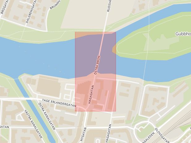 Karta som med röd fyrkant ramar in Älvgatan, Järnvägsbron, Karlstad, Värmlands län