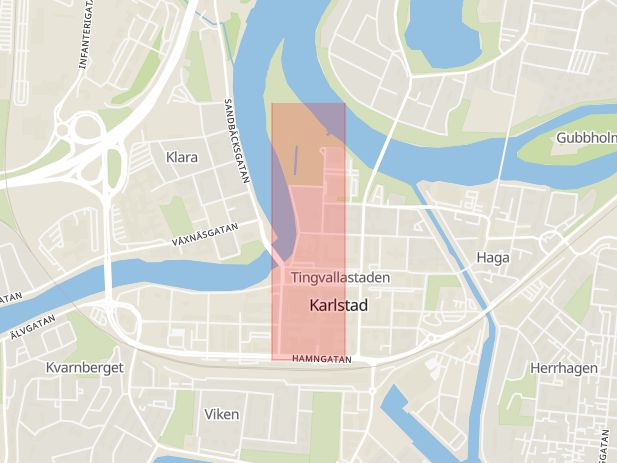 Karta som med röd fyrkant ramar in Arvika, Hamngatan, Karlstad, Västra Torggatan, Karlagatan, Tingvallagatan, Värmlands län