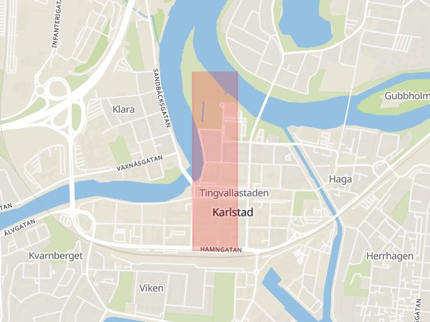 Karta som med röd fyrkant ramar in Västra Torggatan, Karlstad, Värmlands län