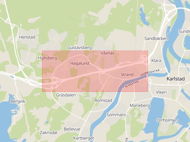 Karta som med röd fyrkant ramar in Karlstad, Tingvallastaden, Hagalundsvägen, Kvarnberget, Värmlands län