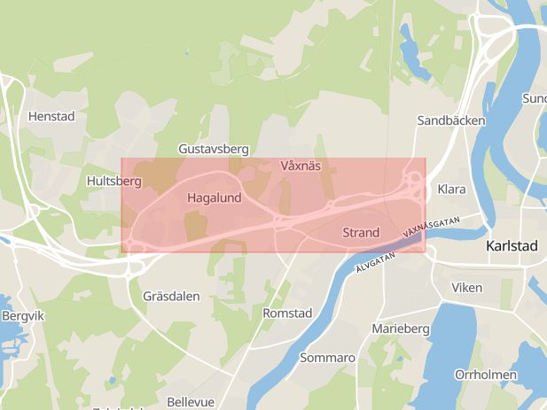 Karta som med röd fyrkant ramar in Våxnäs, Hagalundsvägen, Karlstad, Värmlands län