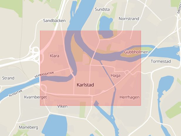 Karta som med röd fyrkant ramar in Tingvallastaden, Karlstad, Värmlands län