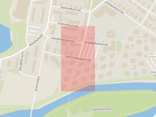 Karta som med röd fyrkant ramar in Hantverkargatan, Norrstrandsgatan, Karlstad, Värmlands län
