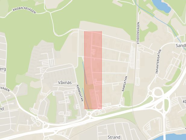 Karta som med röd fyrkant ramar in Blockgatan, Våxnäs, Karlstad, Värmlands län