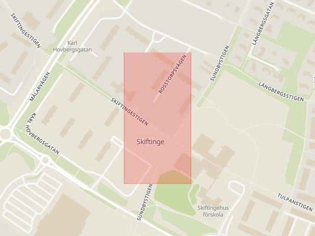 Karta som med röd fyrkant ramar in Skiftinge Centrum, Mariefredsvägen, Strängnäs, Södermanlands län